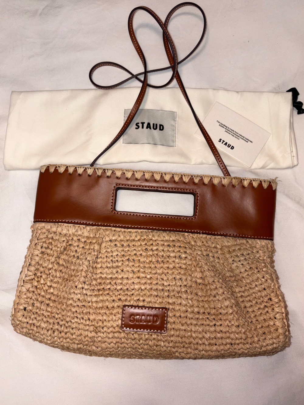 STAUD Lena Raffia Clutch - Natural Tan Leather Crossbody